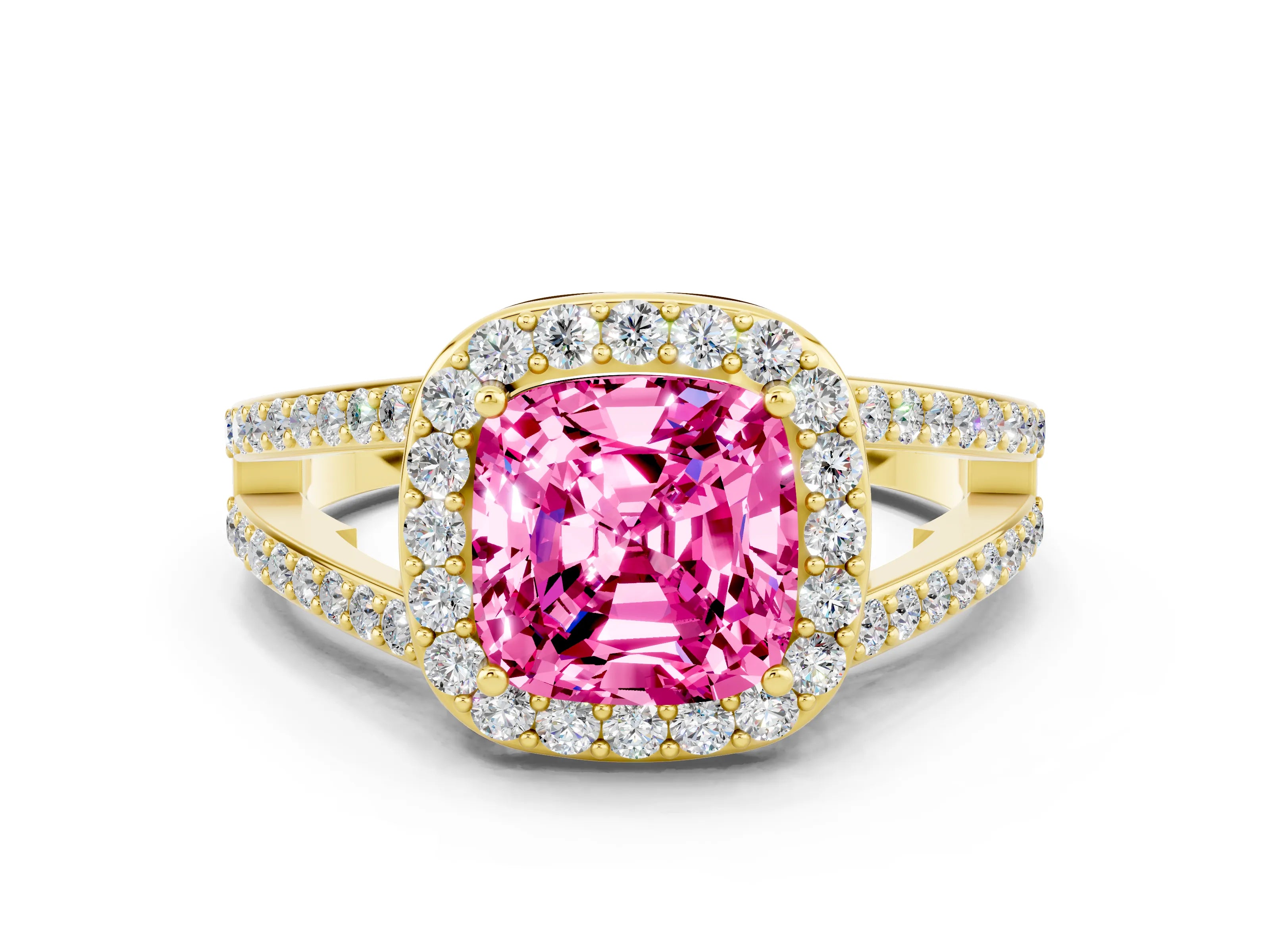 Yellow gold Cushion Cut Pink Sapphire Halo Ring with Split Shank U-Prong Band and Four-Prong Setting