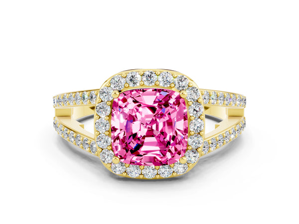 Yellow gold Cushion Cut Pink Sapphire Halo Ring with Split Shank U-Prong Band and Four-Prong Setting