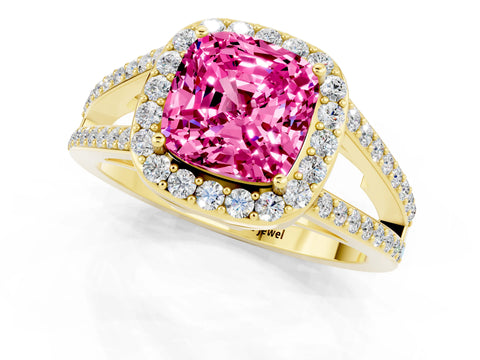 Yellow gold Cushion Cut Pink Sapphire Halo Ring with Split Shank U-Prong Band and Four-Prong Setting_1