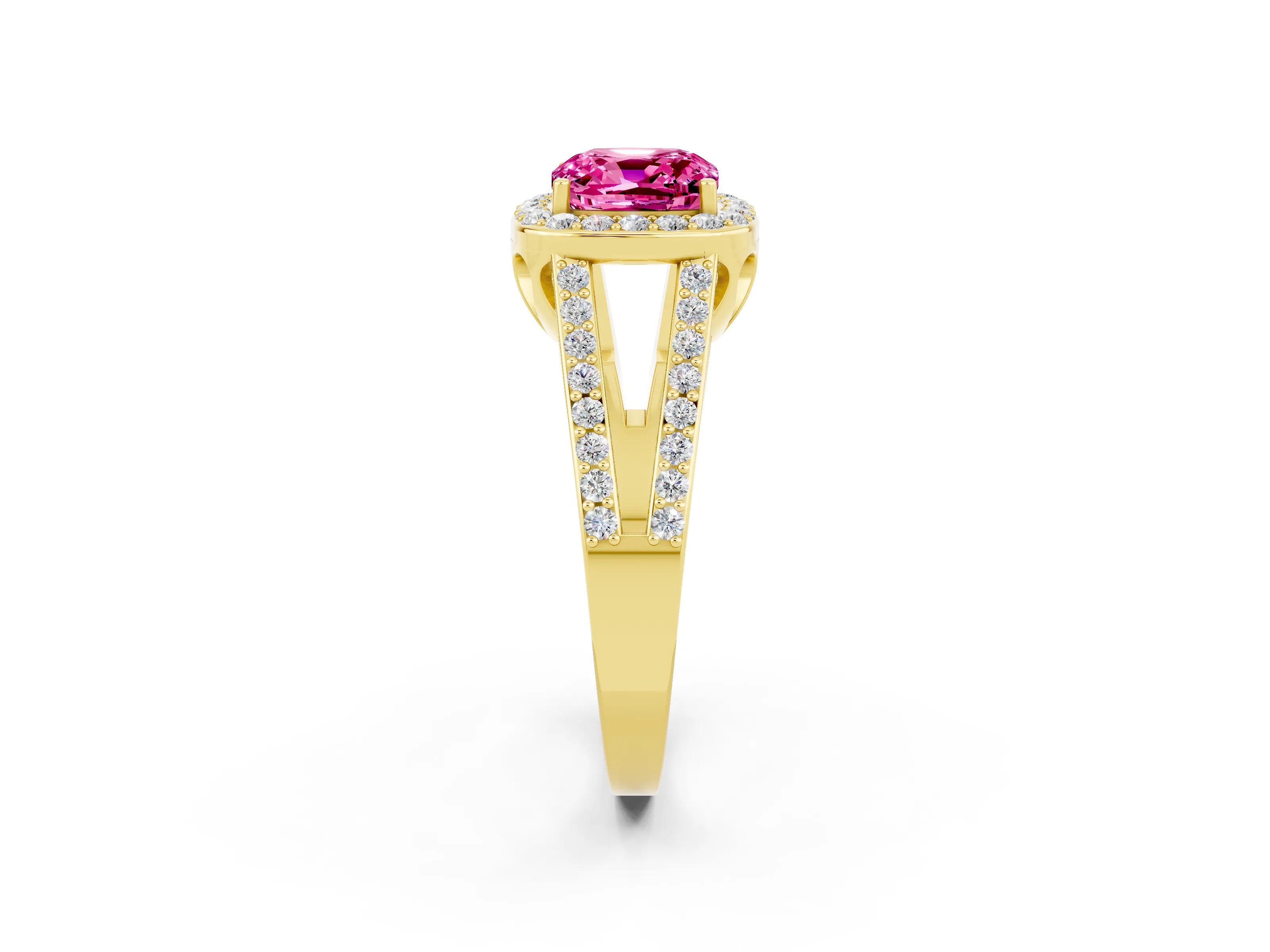 Yellow gold Cushion Cut Pink Sapphire Halo Ring with Split Shank U-Prong Band and Four-Prong Setting_2