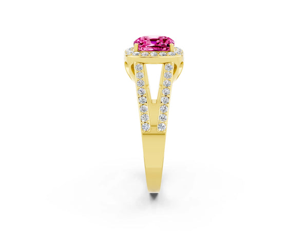 Yellow gold Cushion Cut Pink Sapphire Halo Ring with Split Shank U-Prong Band and Four-Prong Setting