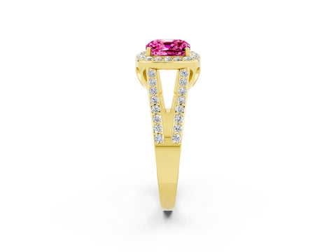 Yellow gold Cushion Cut Pink Sapphire Halo Ring with Split Shank U-Prong Band and Four-Prong Setting_2