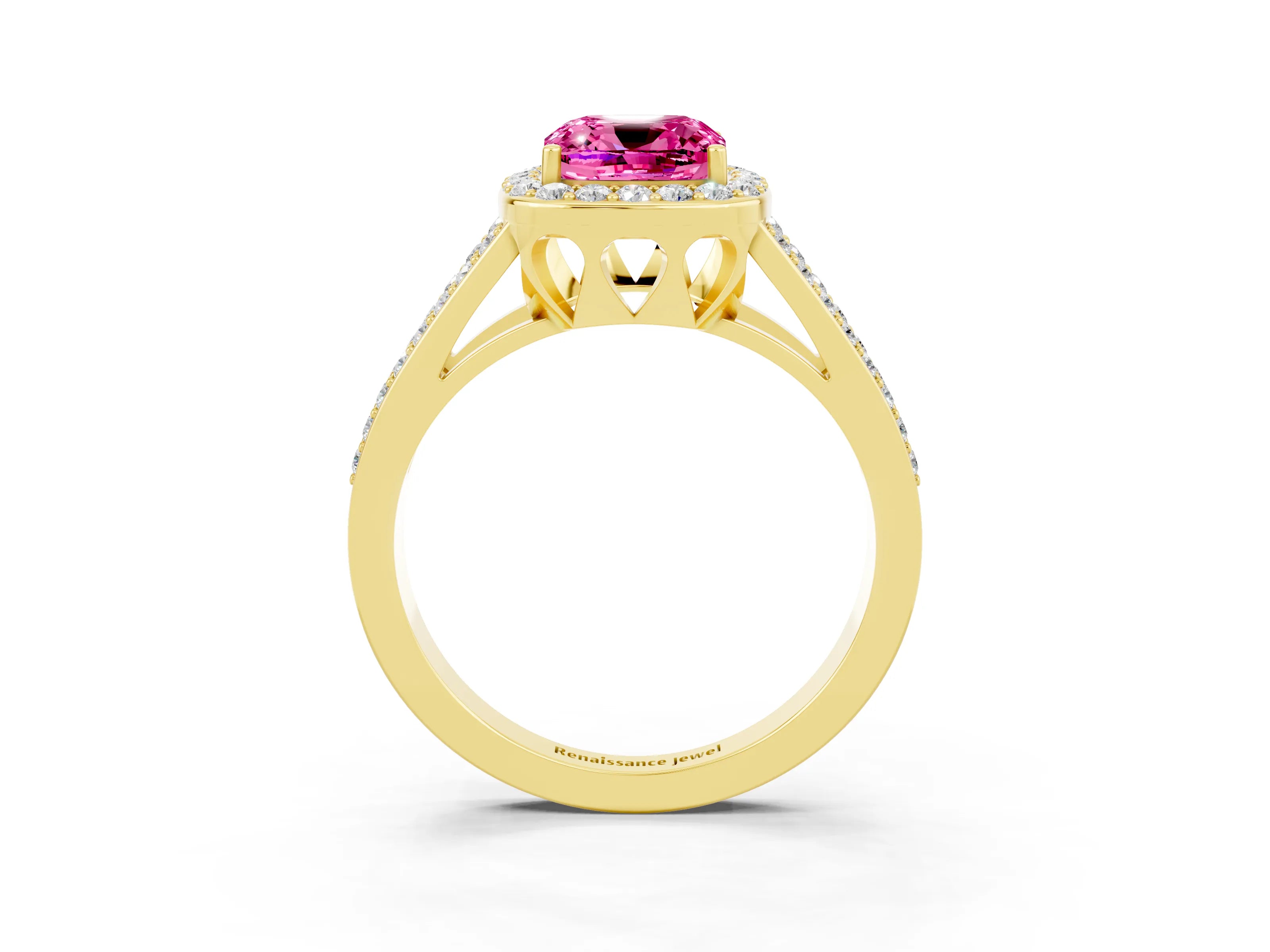 Yellow gold Cushion Cut Pink Sapphire Halo Ring with Split Shank U-Prong Band and Four-Prong Setting_3