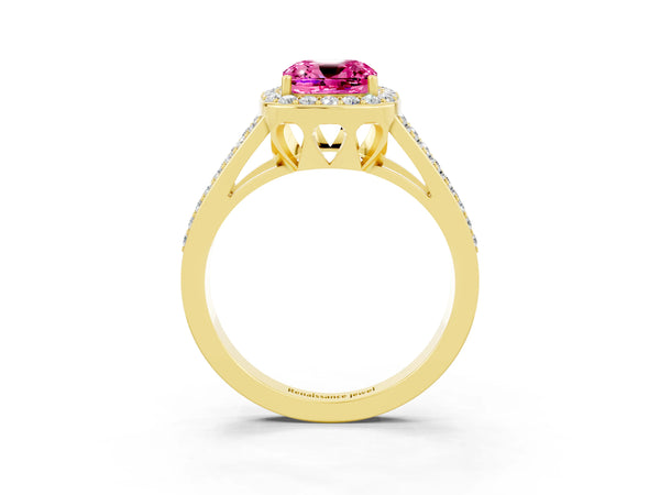 Yellow gold Cushion Cut Pink Sapphire Halo Ring with Split Shank U-Prong Band and Four-Prong Setting