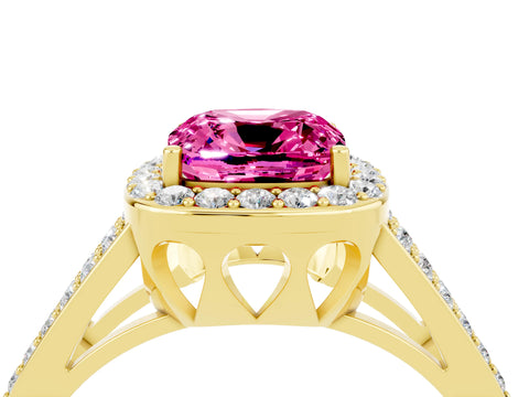 Yellow gold Cushion Cut Pink Sapphire Halo Ring with Split Shank U-Prong Band and Four-Prong Setting_4