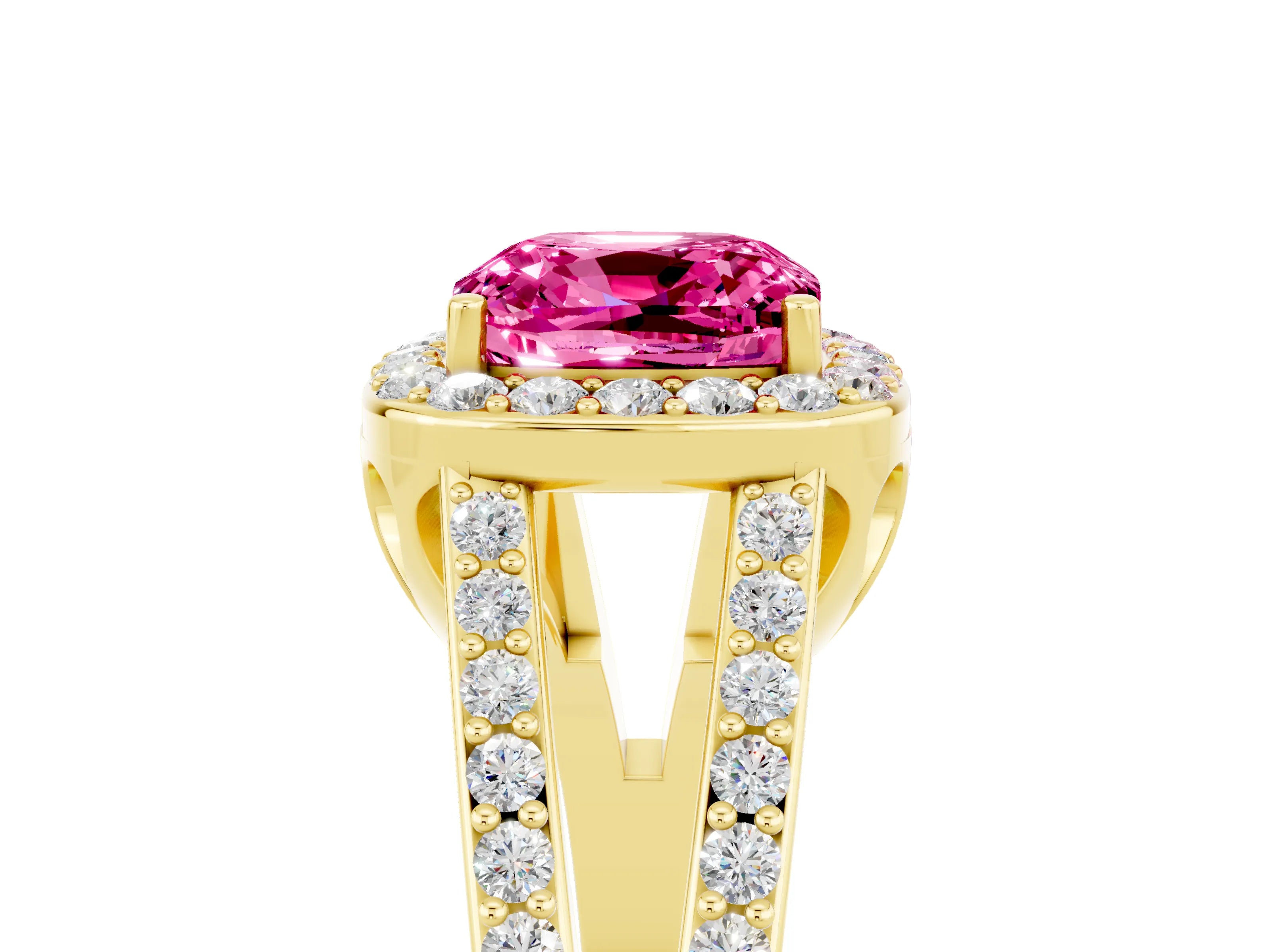 Yellow gold Cushion Cut Pink Sapphire Halo Ring with Split Shank U-Prong Band and Four-Prong Setting_5