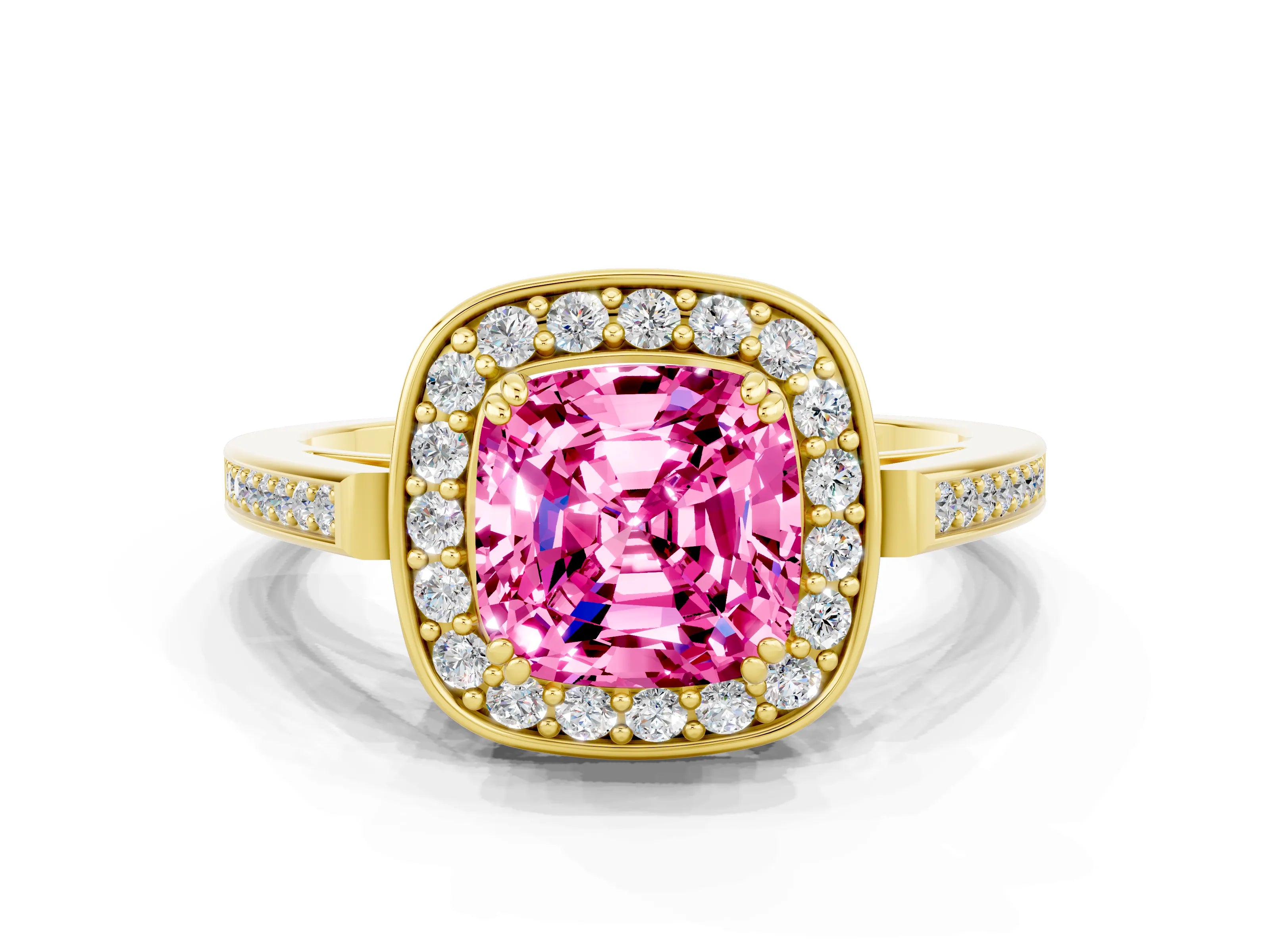 Yellow gold Cushion Cut Pink Sapphire Halo Ring with Split Shank and Four-Prong Setting