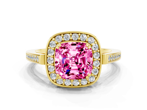 Yellow gold Cushion Cut Pink Sapphire Halo Ring with Split Shank and Four-Prong Setting