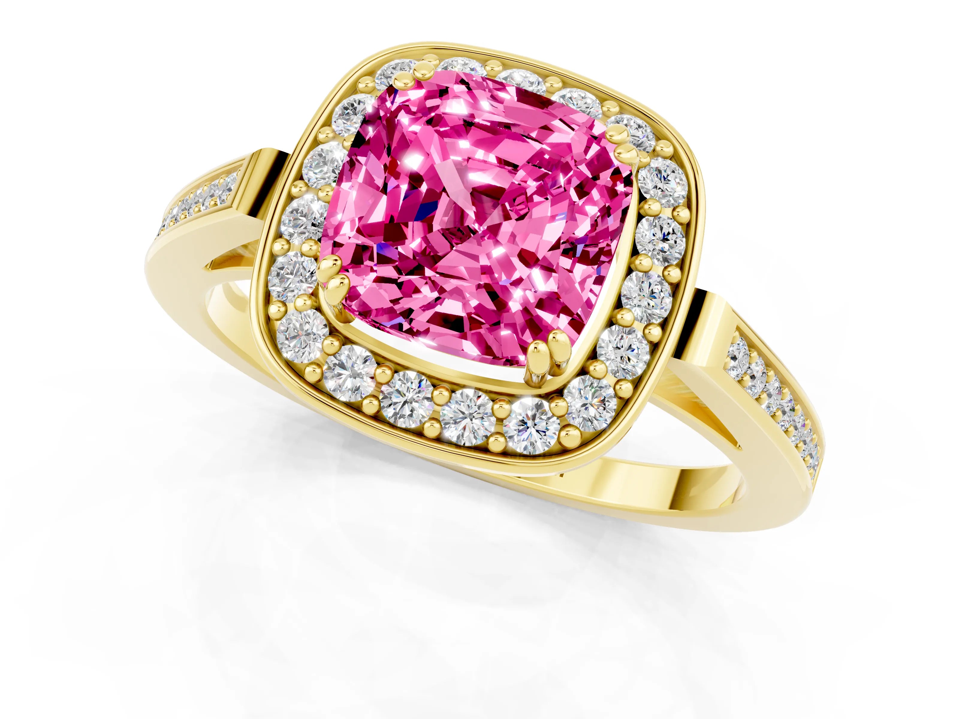Yellow gold Cushion Cut Pink Sapphire Halo Ring with Split Shank and Four-Prong Setting_1