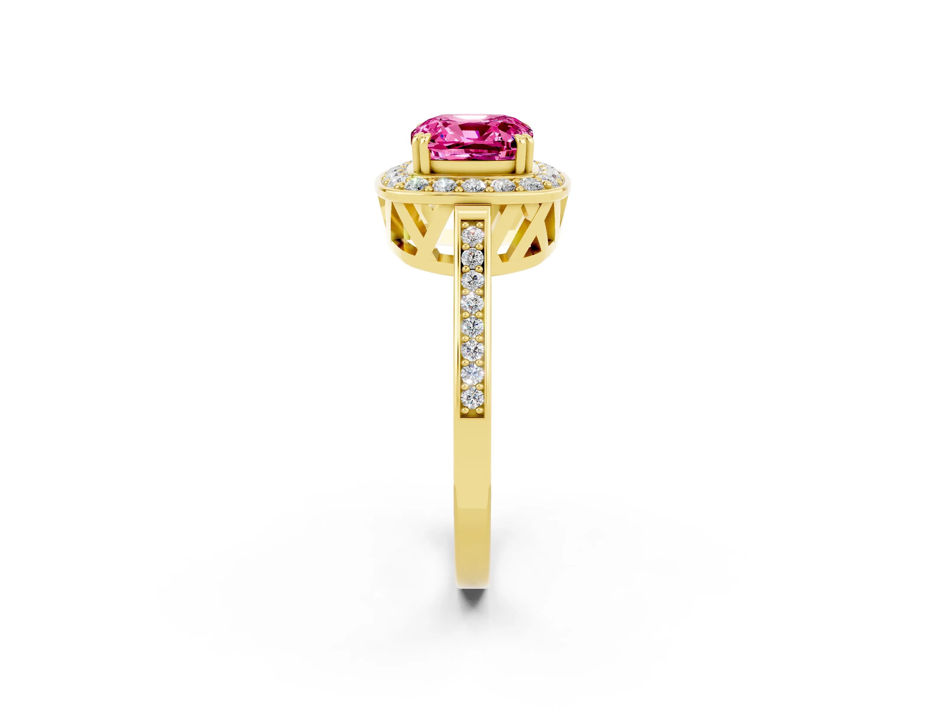 Yellow gold Cushion Cut Pink Sapphire Halo Ring with Split Shank and Four-Prong Setting_2
