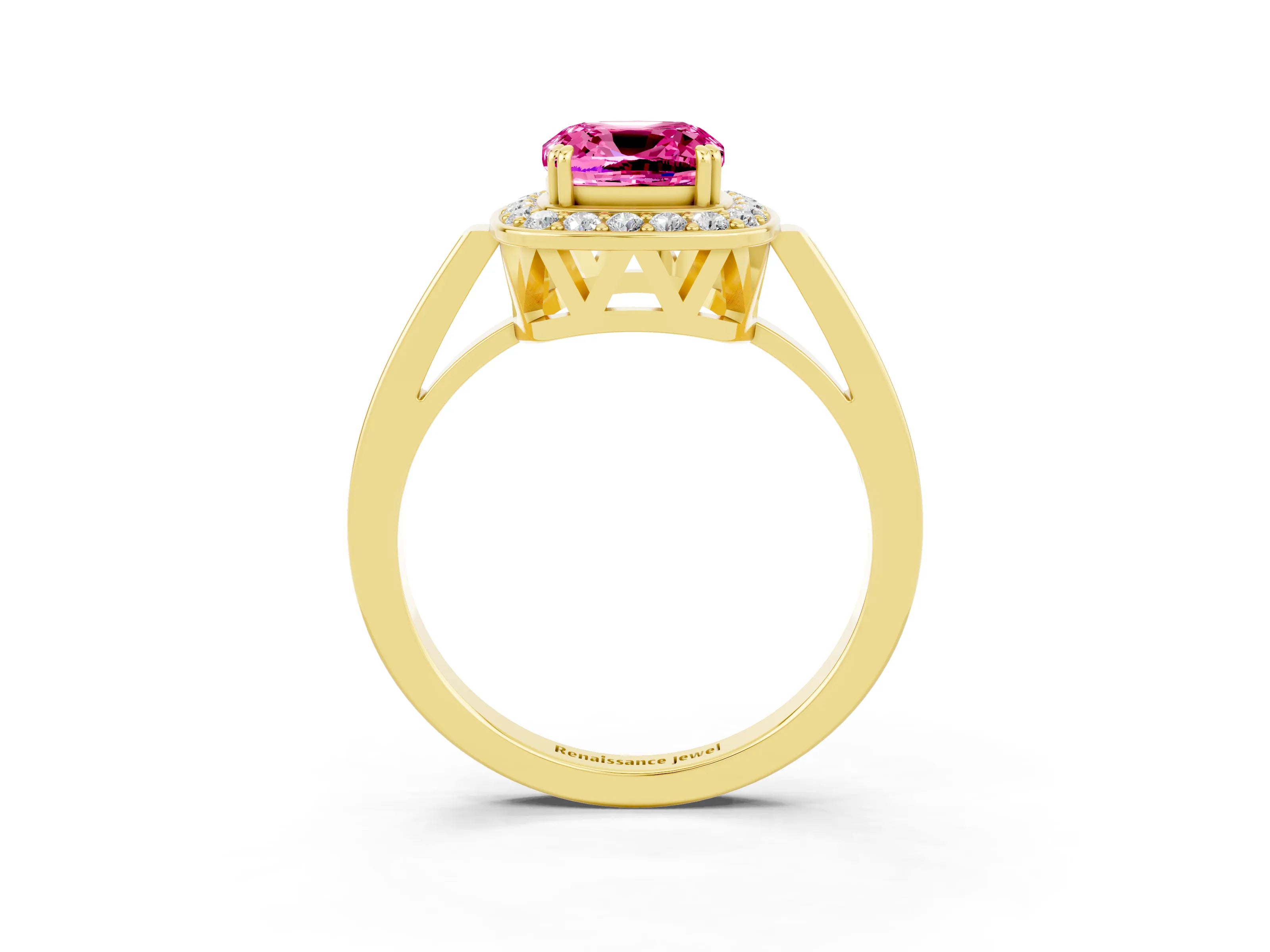 Yellow gold Cushion Cut Pink Sapphire Halo Ring with Split Shank and Four-Prong Setting_3