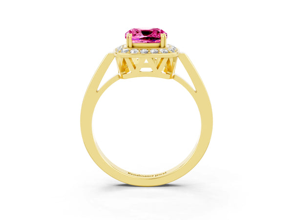 Yellow gold Cushion Cut Pink Sapphire Halo Ring with Split Shank and Four-Prong Setting