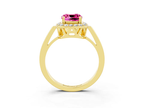 Yellow gold Cushion Cut Pink Sapphire Halo Ring with Split Shank and Four-Prong Setting_3