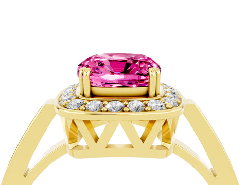 Yellow gold Cushion Cut Pink Sapphire Halo Ring with Split Shank and Four-Prong Setting_4