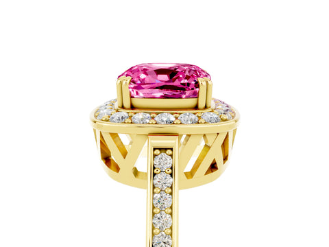 Yellow gold Cushion Cut Pink Sapphire Halo Ring with Split Shank and Four-Prong Setting_5