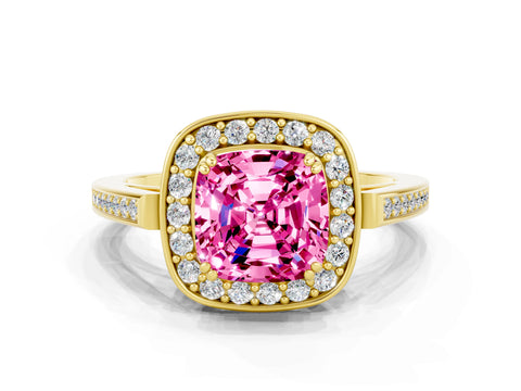 Yellow gold Cushion Cut Pink Sapphire Halo Ring with Split Shank and Four-Prong Setting