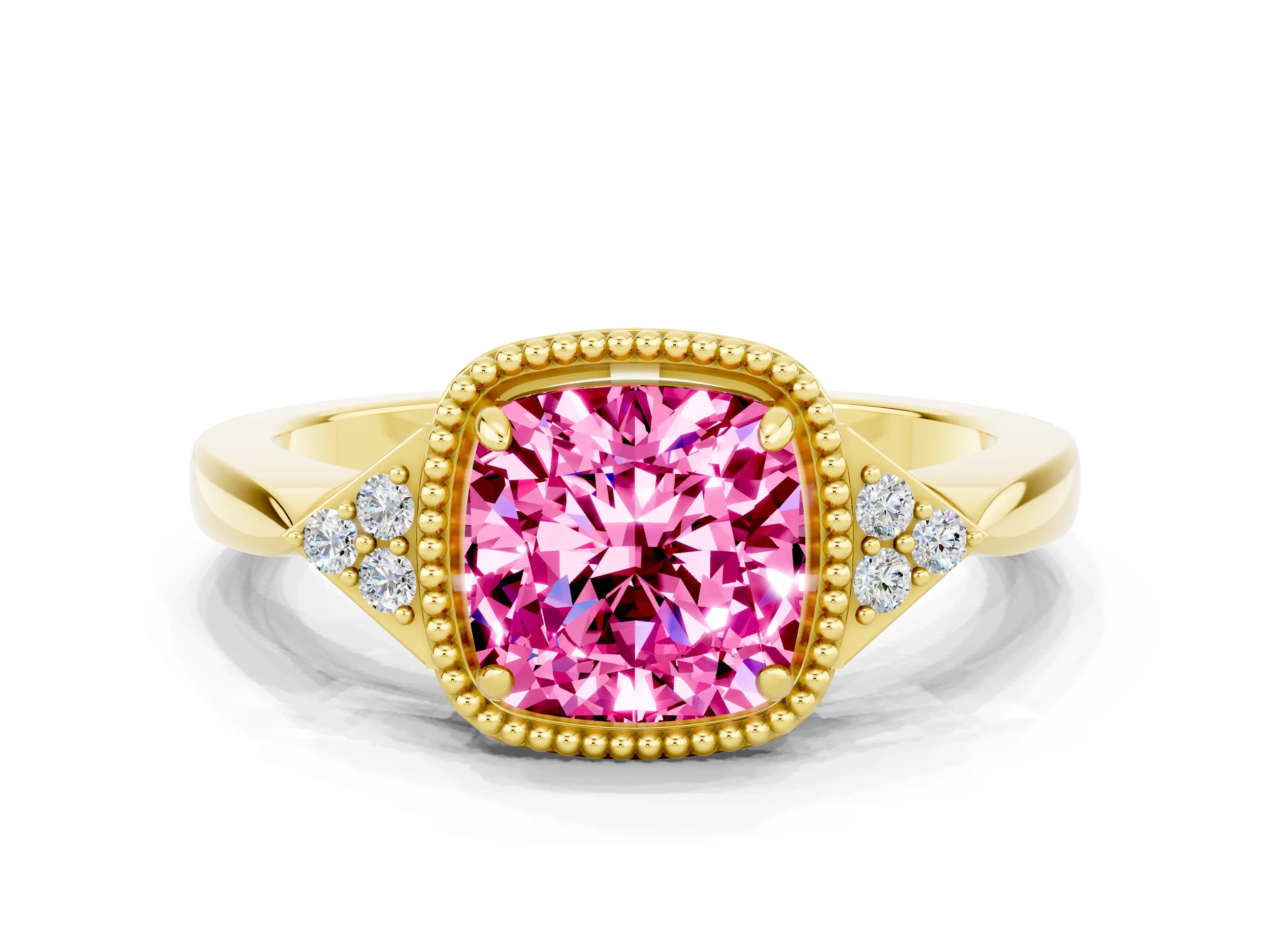 Yellow gold Cushion Cut Pink Sapphire Halo Ring with Tapered Band and Four-Prong Setting