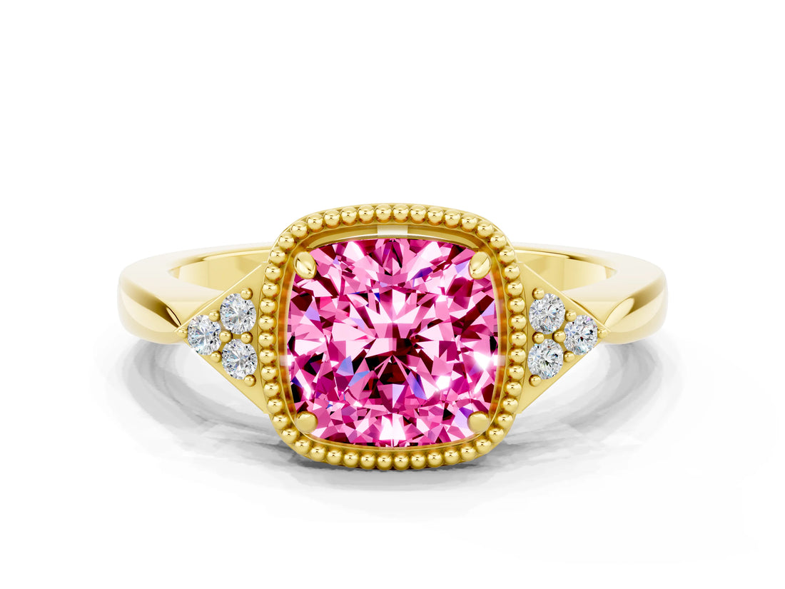 Yellow gold Cushion Cut Pink Sapphire Halo Ring with Tapered Band and Four-Prong Setting