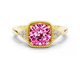Yellow gold Cushion Cut Pink Sapphire Halo Ring with Tapered Band and Four-Prong Setting