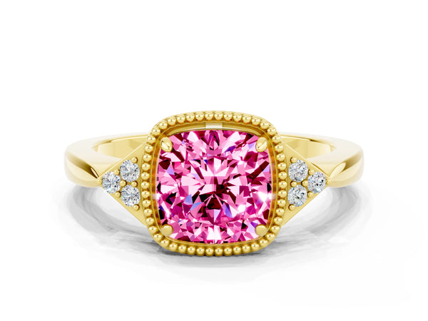 Yellow gold Cushion Cut Pink Sapphire Halo Ring with Tapered Band and Four-Prong Setting