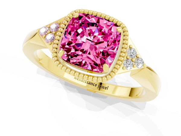 Yellow gold Cushion Cut Pink Sapphire Halo Ring with Tapered Band and Four-Prong Setting