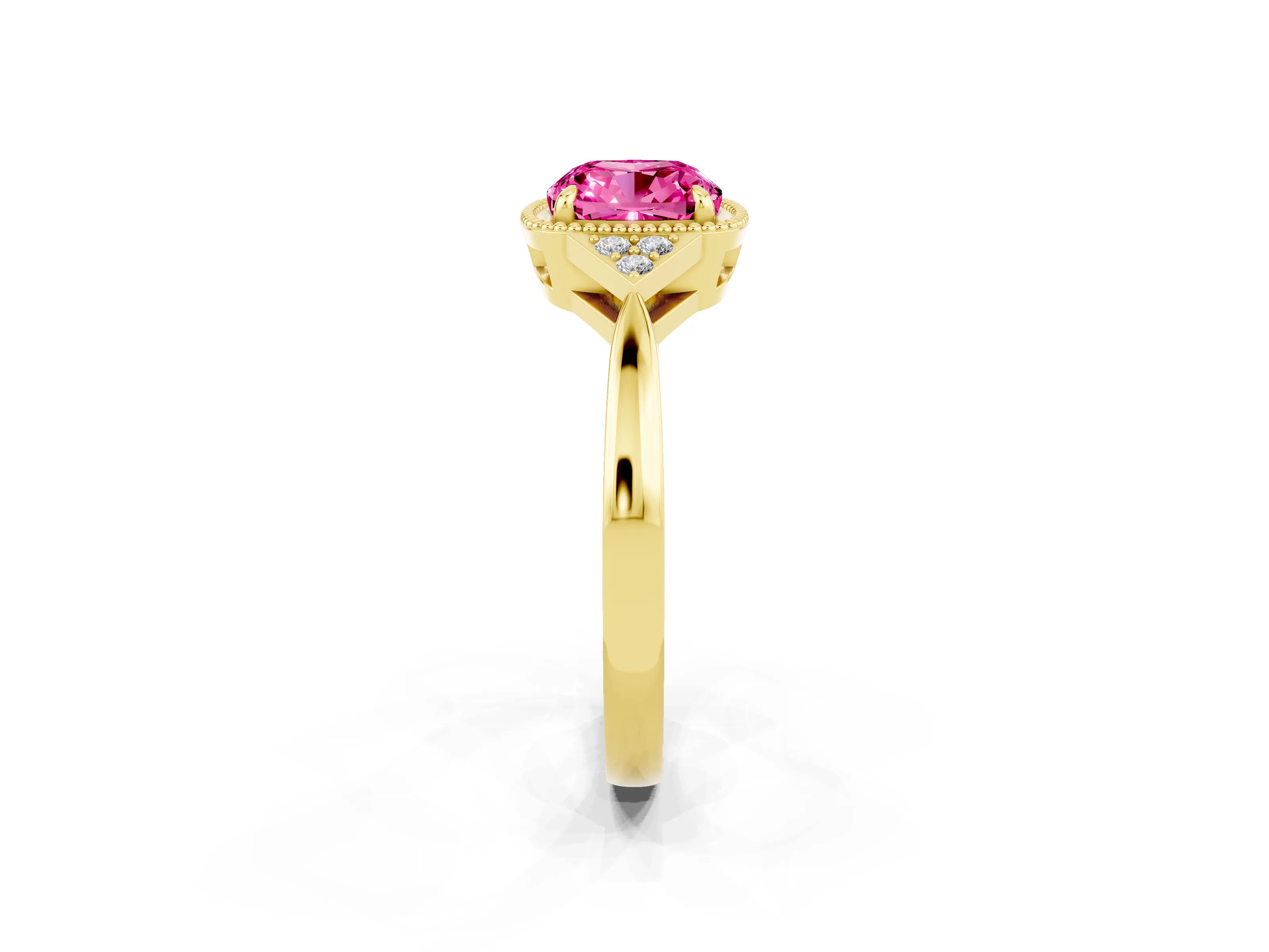 Yellow gold Cushion Cut Pink Sapphire Halo Ring with Tapered Band and Four-Prong Setting_2