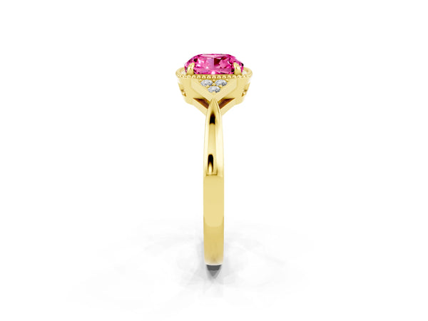 Yellow gold Cushion Cut Pink Sapphire Halo Ring with Tapered Band and Four-Prong Setting