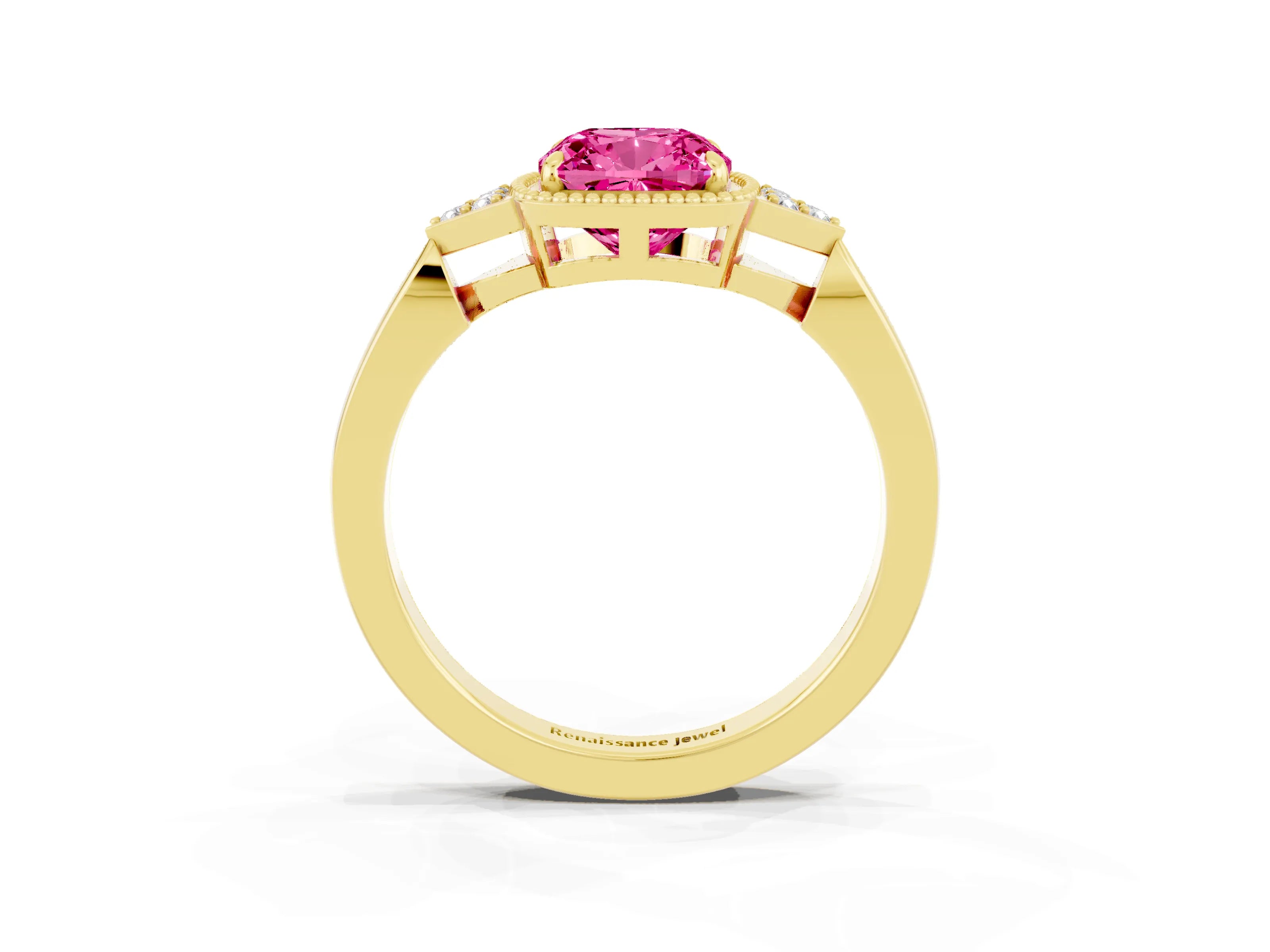Yellow gold Cushion Cut Pink Sapphire Halo Ring with Tapered Band and Four-Prong Setting_3