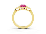 Yellow gold Cushion Cut Pink Sapphire Halo Ring with Tapered Band and Four-Prong Setting_3