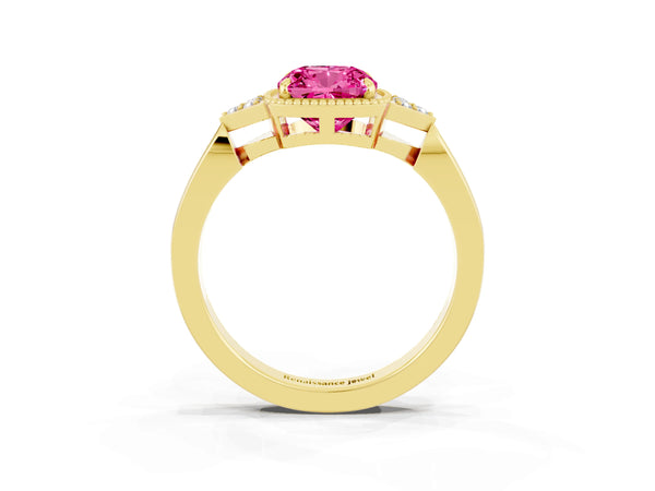 Yellow gold Cushion Cut Pink Sapphire Halo Ring with Tapered Band and Four-Prong Setting