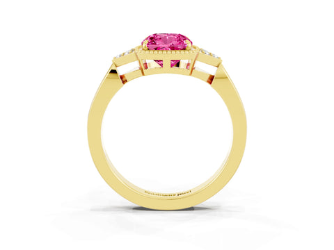 Yellow gold Cushion Cut Pink Sapphire Halo Ring with Tapered Band and Four-Prong Setting_3