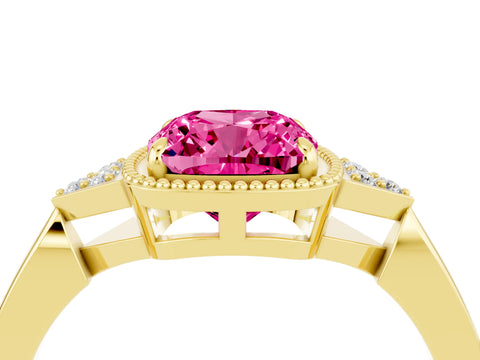 Yellow gold Cushion Cut Pink Sapphire Halo Ring with Tapered Band and Four-Prong Setting_4