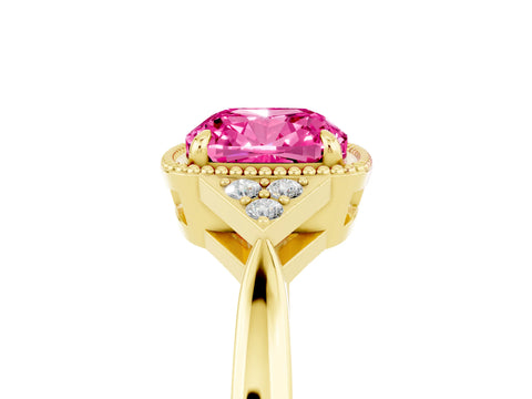 Yellow gold Cushion Cut Pink Sapphire Halo Ring with Tapered Band and Four-Prong Setting_5