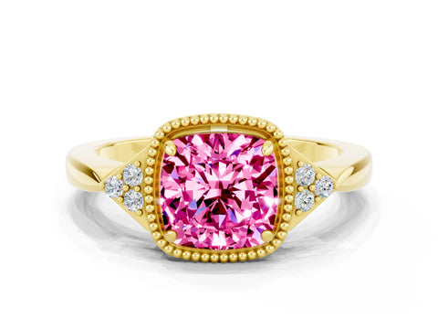 Yellow gold Cushion Cut Pink Sapphire Halo Ring with Tapered Band and Four-Prong Setting
