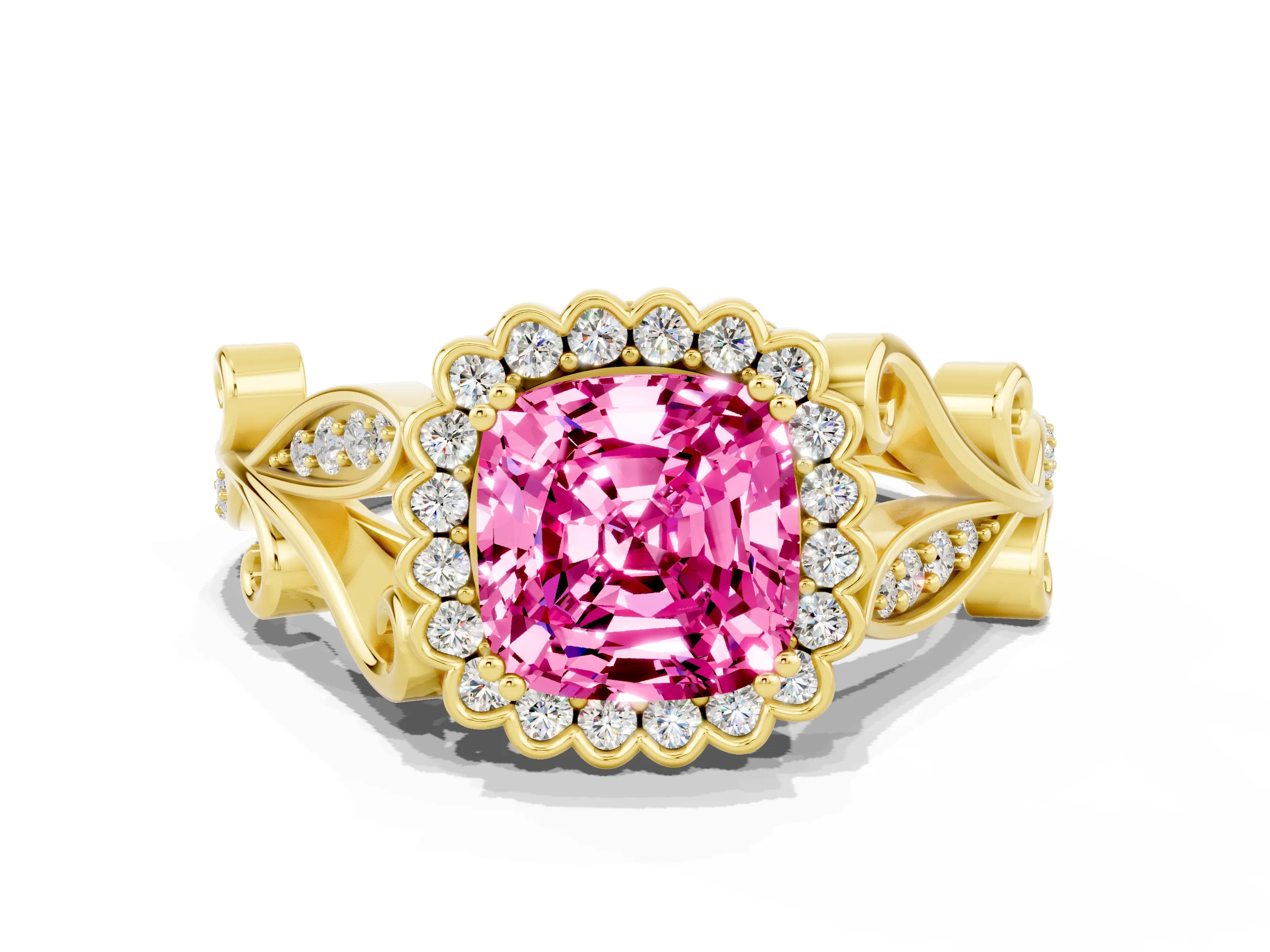 Yellow gold Cushion Cut Pink Sapphire Halo Ring with Vintage Split Shank and Four-Prong Setting