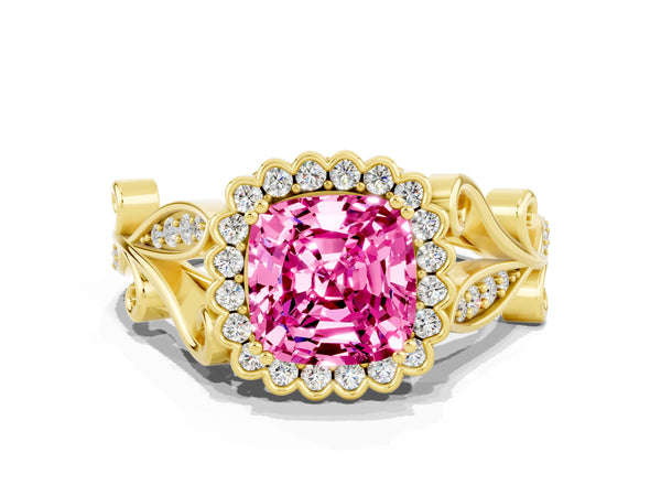 Yellow gold Cushion Cut Pink Sapphire Halo Ring with Vintage Split Shank and Four-Prong Setting