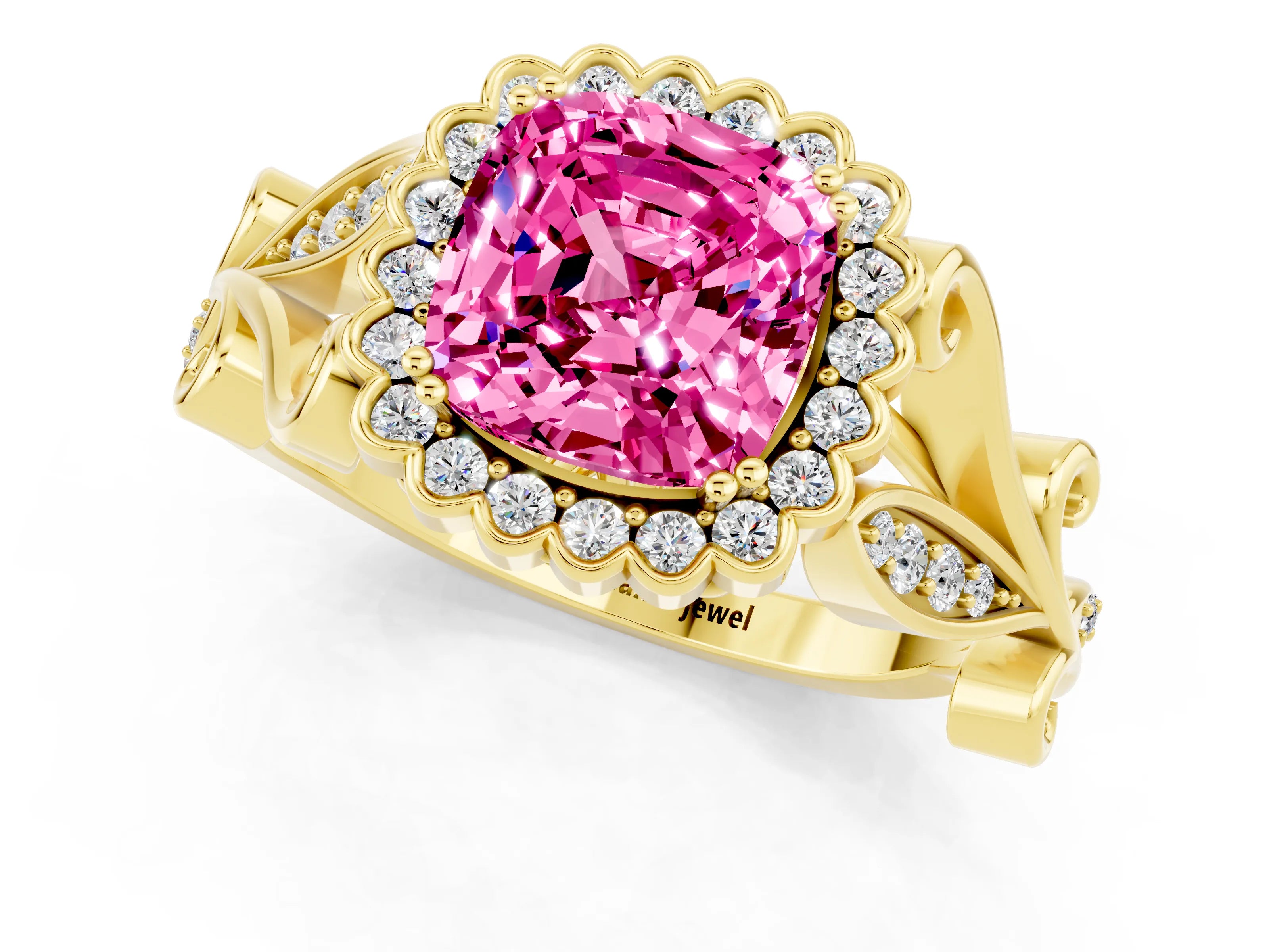 Yellow gold Cushion Cut Pink Sapphire Halo Ring with Vintage Split Shank and Four-Prong Setting_1