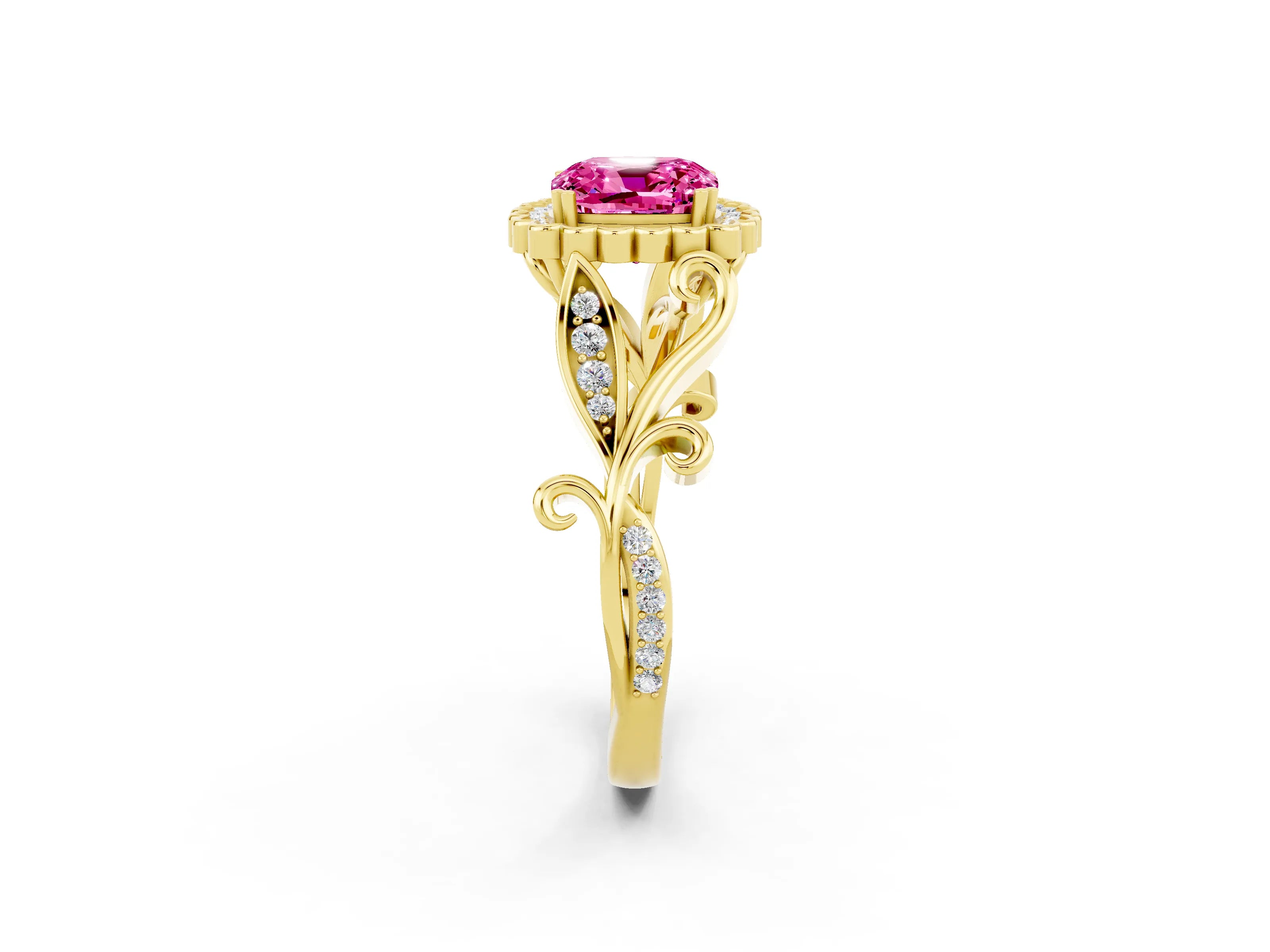 Yellow gold Cushion Cut Pink Sapphire Halo Ring with Vintage Split Shank and Four-Prong Setting_2