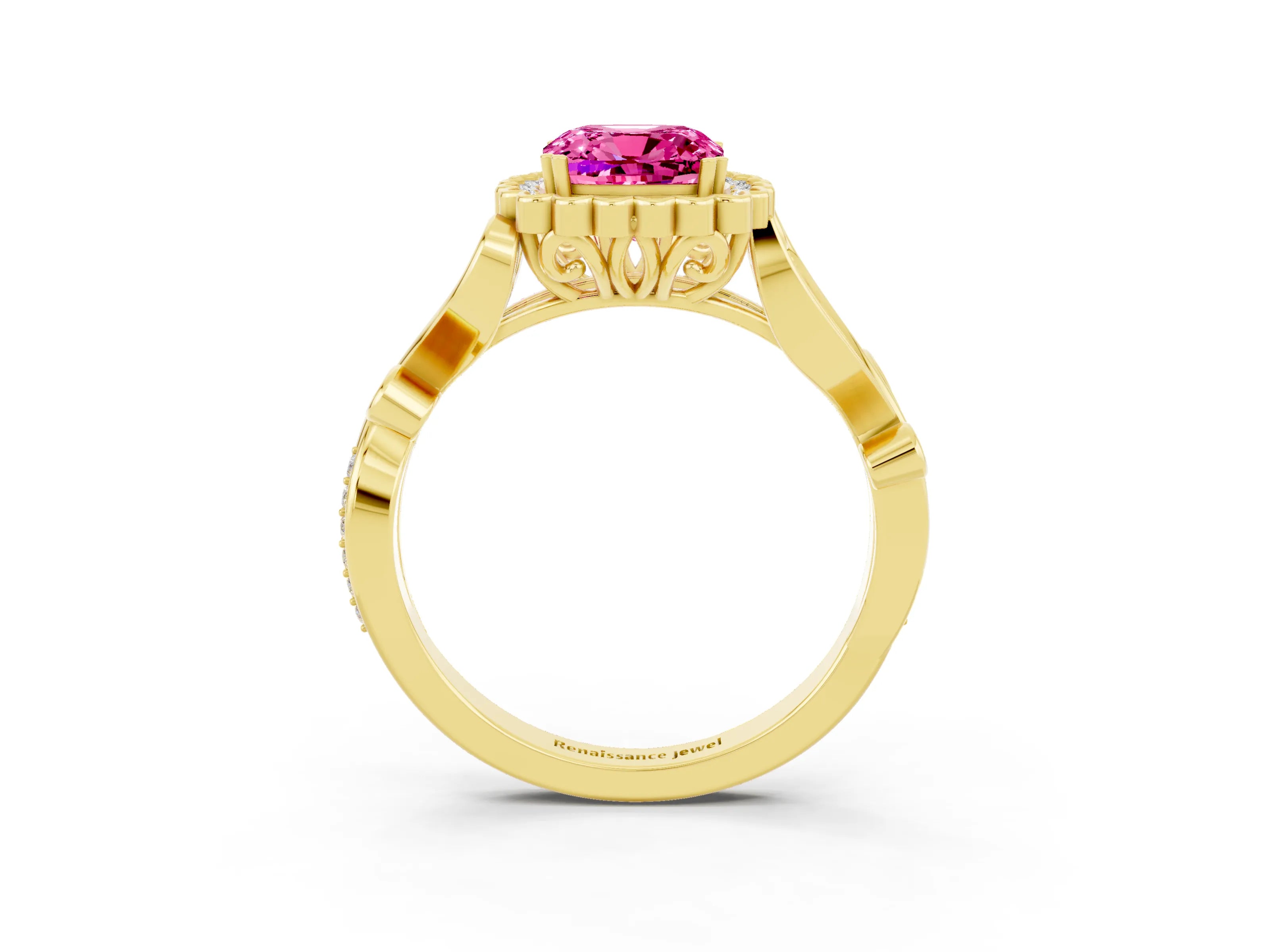 Yellow gold Cushion Cut Pink Sapphire Halo Ring with Vintage Split Shank and Four-Prong Setting_3