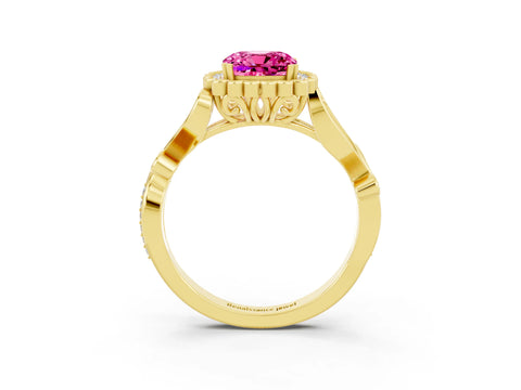 Yellow gold Cushion Cut Pink Sapphire Halo Ring with Vintage Split Shank and Four-Prong Setting_3