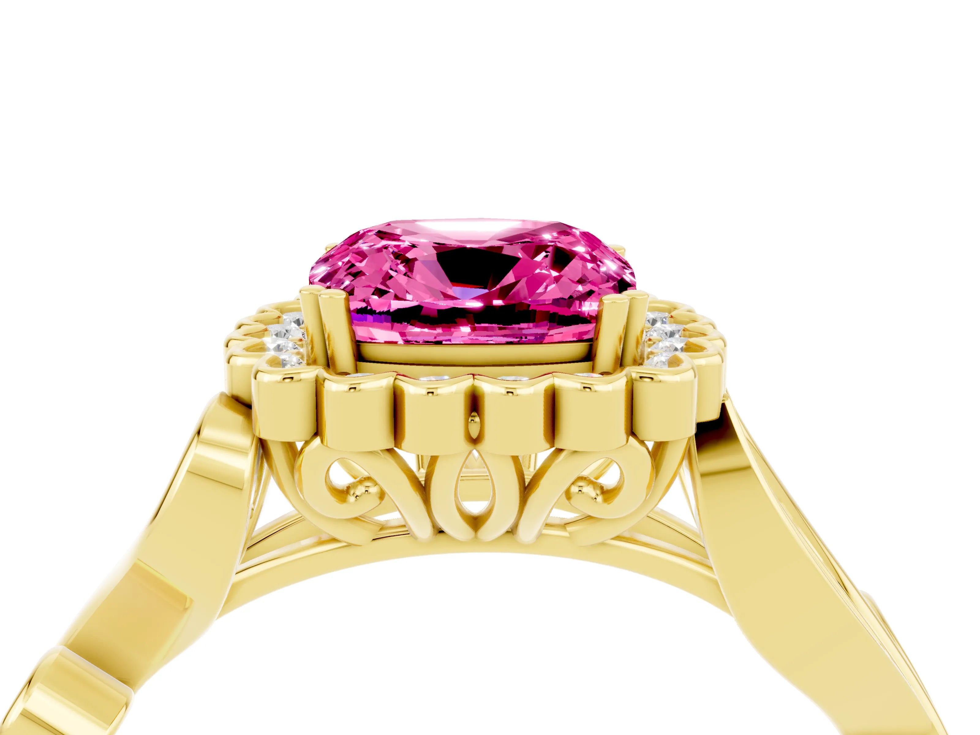 Yellow gold Cushion Cut Pink Sapphire Halo Ring with Vintage Split Shank and Four-Prong Setting_4