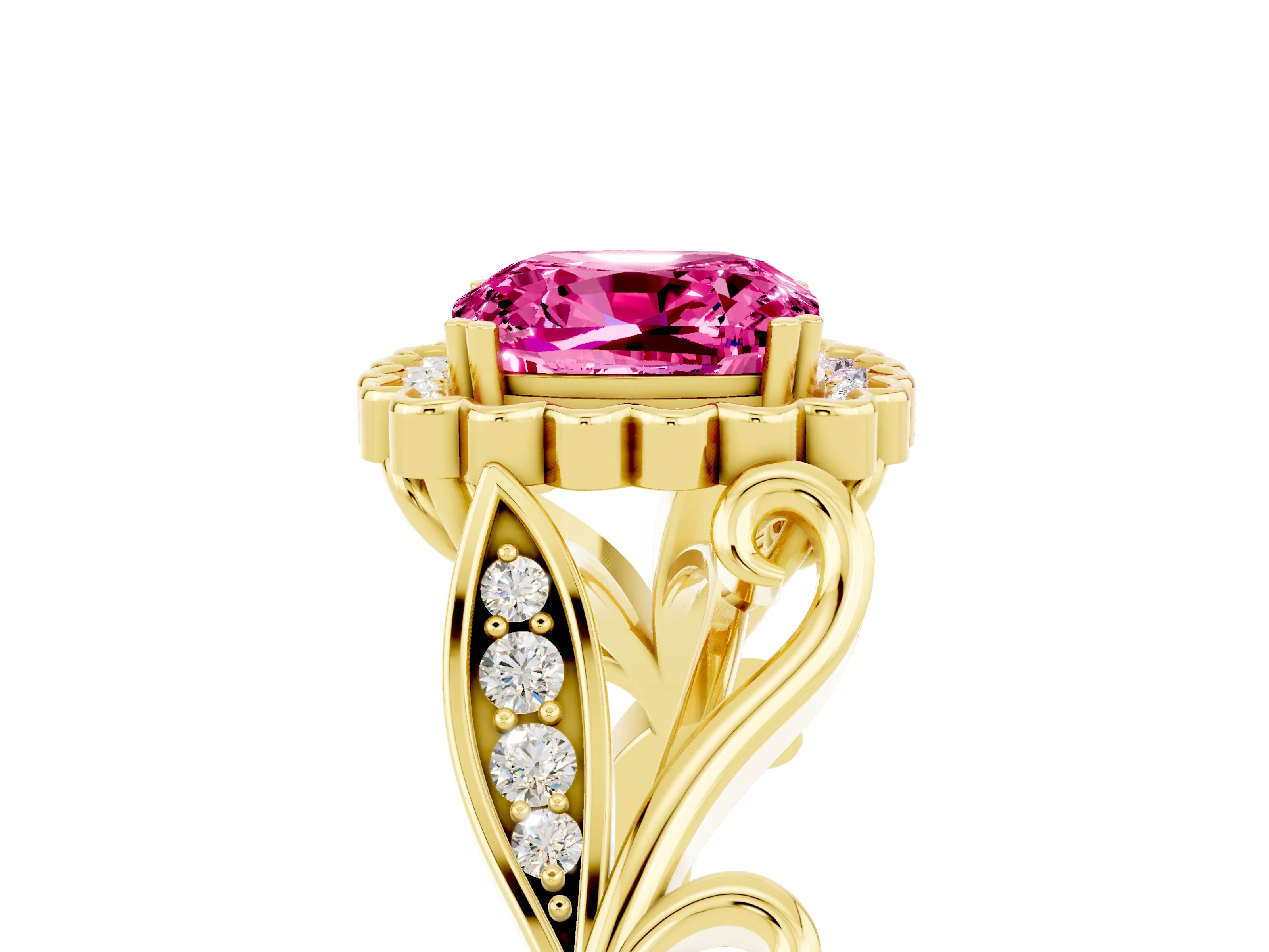 Yellow gold Cushion Cut Pink Sapphire Halo Ring with Vintage Split Shank and Four-Prong Setting_5