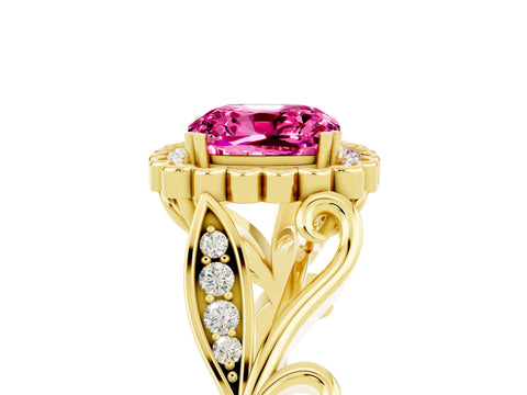 Yellow gold Cushion Cut Pink Sapphire Halo Ring with Vintage Split Shank and Four-Prong Setting_5
