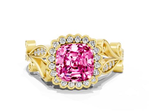 Yellow gold Cushion Cut Pink Sapphire Halo Ring with Vintage Split Shank and Four-Prong Setting