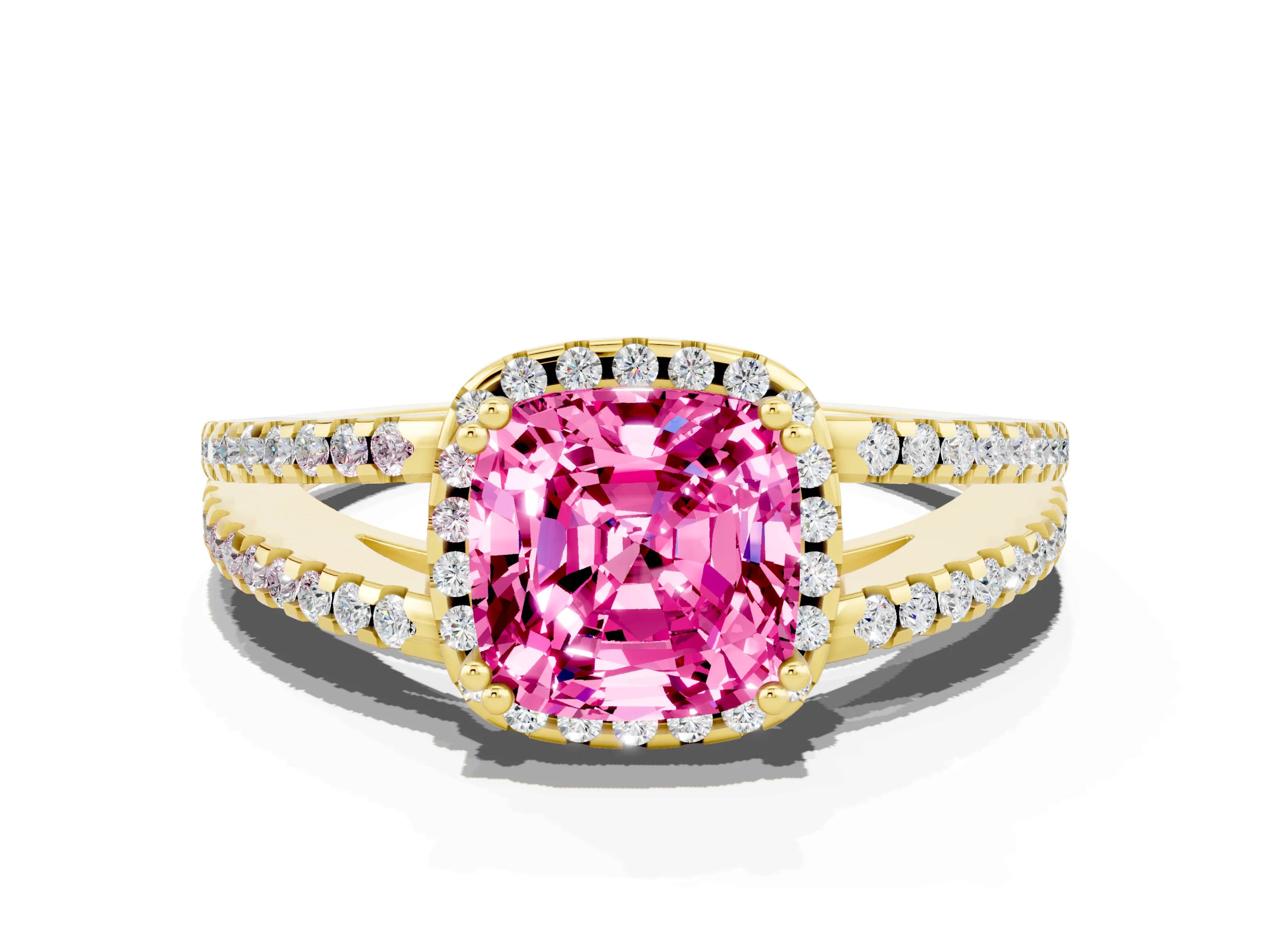 Yellow gold Cushion Cut Pink Sapphire Halo Split Shank Engagement Ring_12