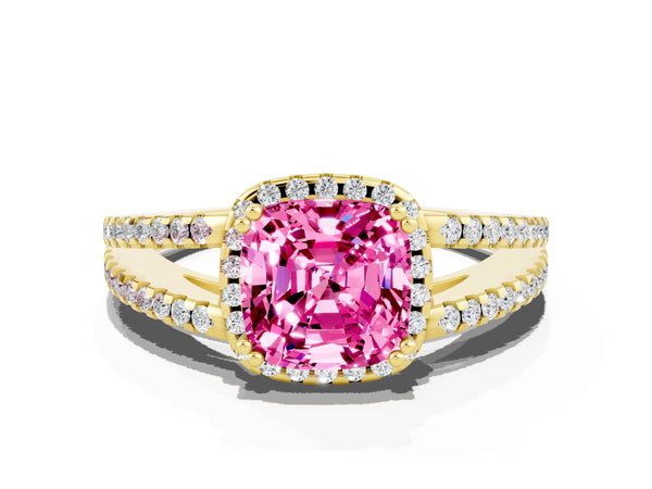 Yellow gold Cushion Cut Pink Sapphire Halo Split Shank Engagement Ring