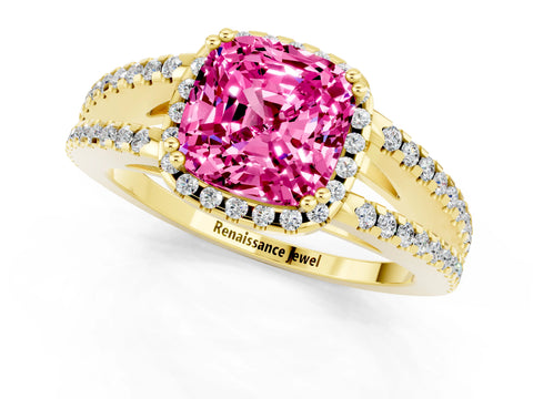 Yellow gold Cushion Cut Pink Sapphire Halo Split Shank Engagement Ring_13