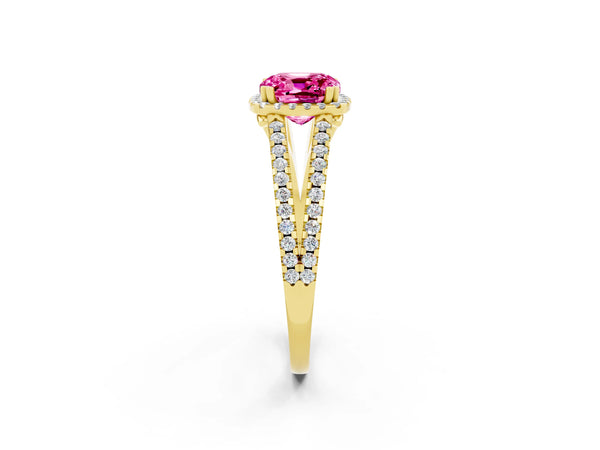 Yellow gold Cushion Cut Pink Sapphire Halo Split Shank Engagement Ring