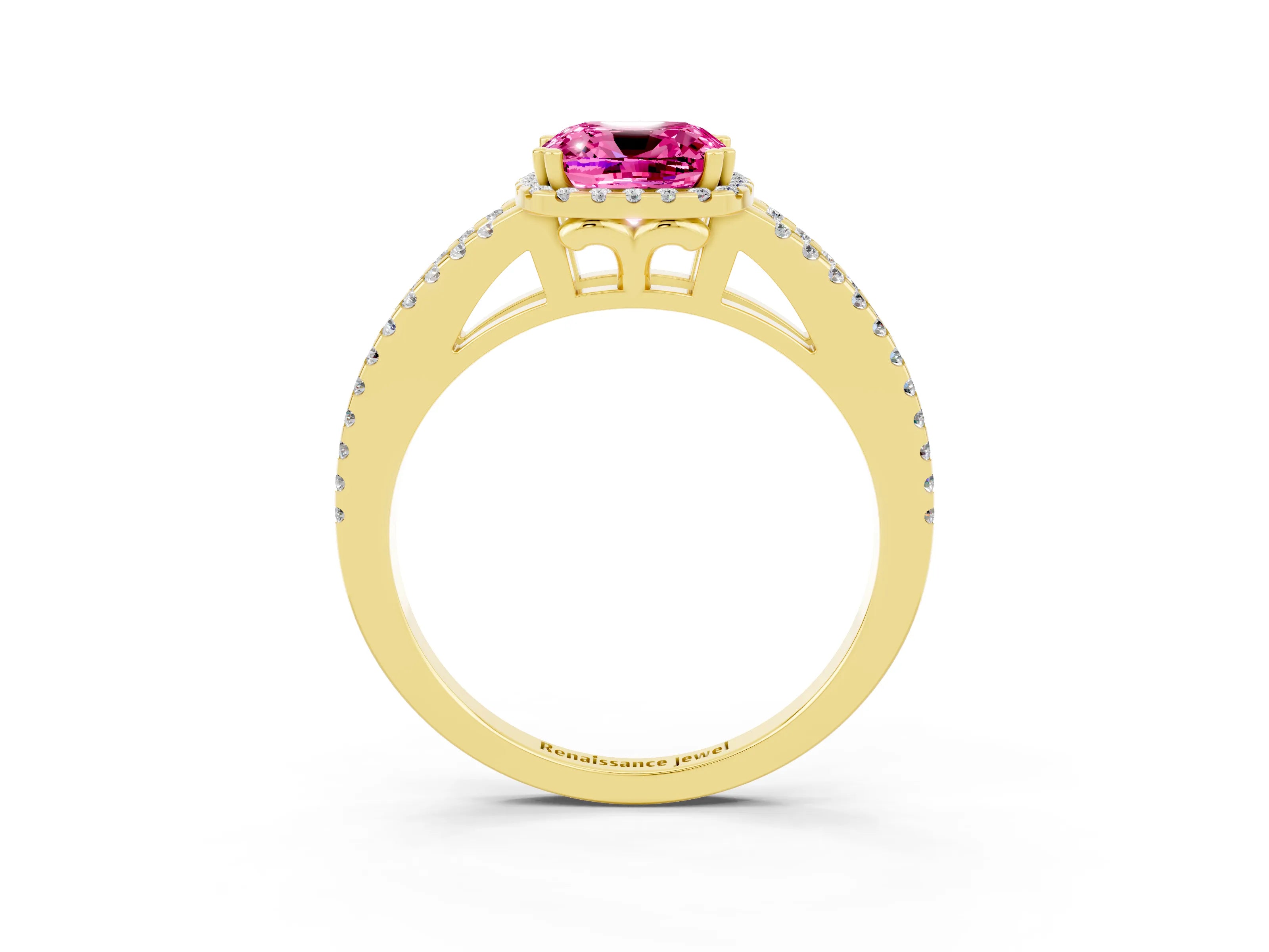 Yellow gold Cushion Cut Pink Sapphire Halo Split Shank Engagement Ring_15