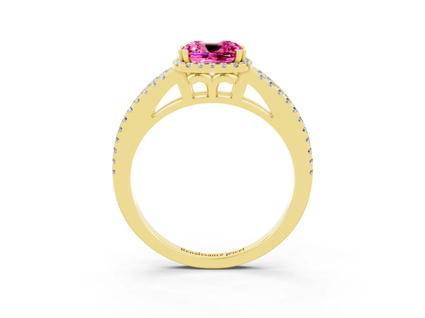 Yellow gold Cushion Cut Pink Sapphire Halo Split Shank Engagement Ring